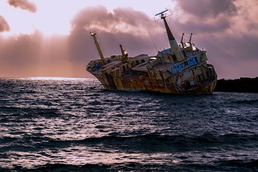 Captivating view of a rusty shipwreck against a dramatic sunset, showcasing waves and ocean beauty.
